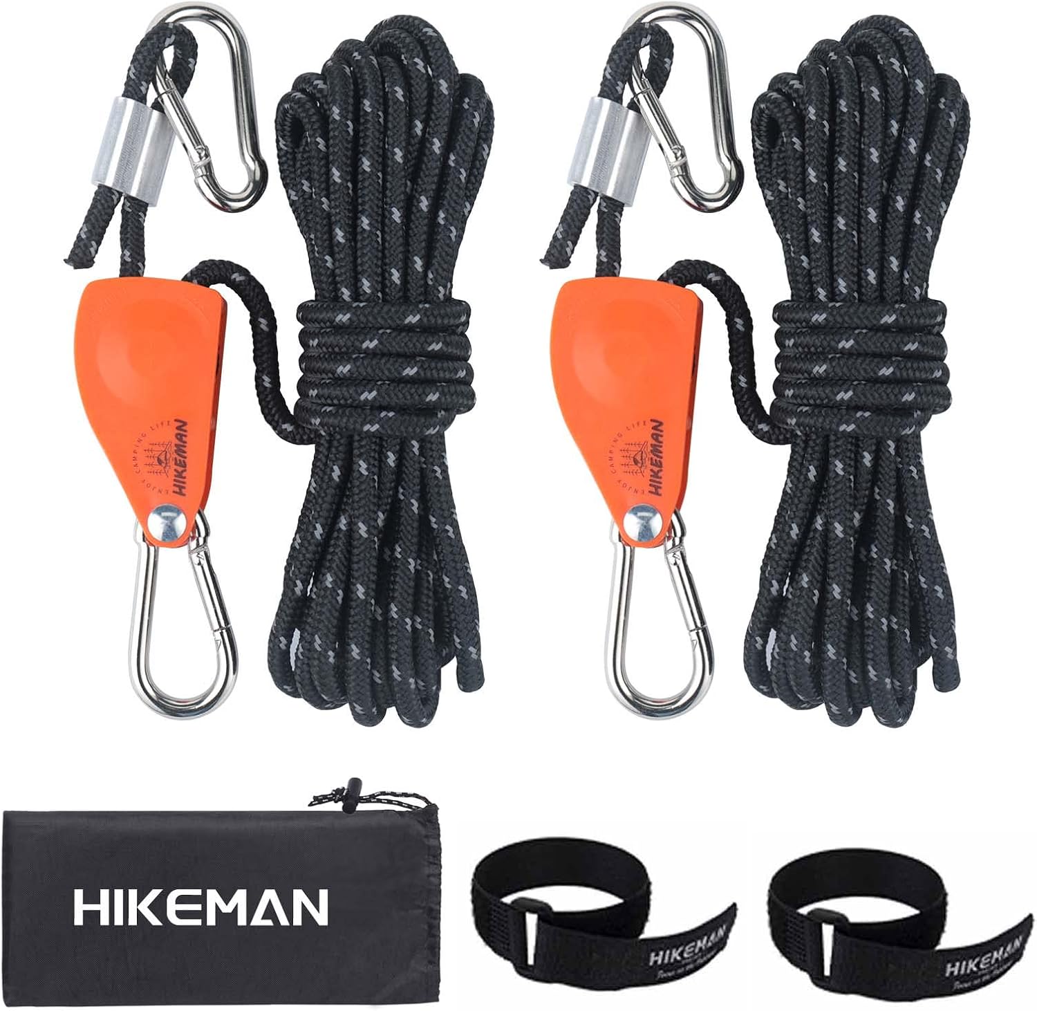 Hikeman Camping Rope with Ratchet Pulley,Quick Setup Outdoor Guy Lines Adjustable Tent Tie Downs Rope Hanger for Canopy,Kayak and Canoe,Grow Light Black