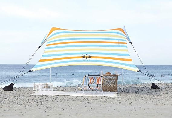 Neso Portable Beach Tent Sun Shelter with Sand Anchor - Lightweight Beach Shade Canopy - Easy Setup for Family Outings - Patented Reinforced Corners - UPF 50+ 7 x 7ft - Vintage Stripes