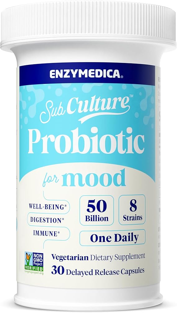 Enzymedica SubCulture Probiotic + L-Theanine for Women & Men, Psychobiotic Supplement, 50 Billion CFU, Digestive & Immune Health Support, Vegetarian - 30 Caps