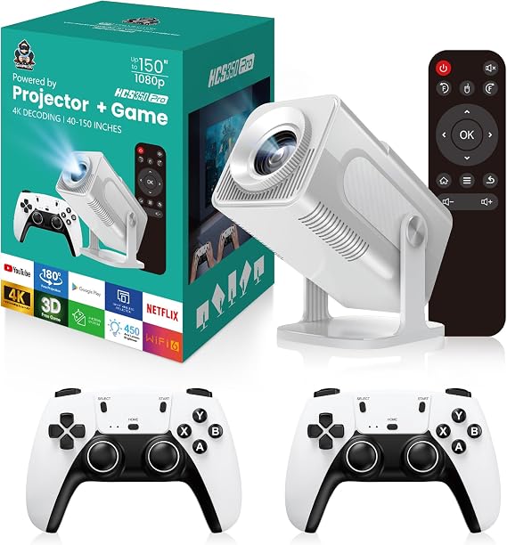 HCS350 Pro Projector and game,Retro 4K Smart Game Projector 1280*1080P Built-in 30000 Games,Portable video game with 2 Wireless Controllers,5G WiFi Bluetooth,HDMI,Android 12,home theater,office