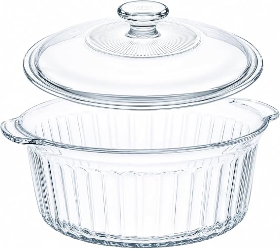 Glass Baking Dish with Lid, 2.5L Round Casserole Oven Dish with Handles | Clear Casserole Dish, Durable Borosilicate Material; Suitable for Microwave, Dishwasher and Freezer with a Deep Ribbed Base