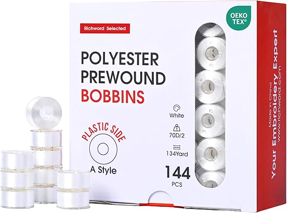 Poolin Prewound Bobbins Richword Selected 144pcs (Class 15) Size A Plastic Sided, 70D/2(60WT) Polyester Bobbin Thread for Single Needle Embroidery and Sewing Machine, White