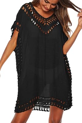 SIAEAMRG Swimsuit Cover Ups for Women, V Neck Hollow Out Swim Coverup Crochet Chiffon Summer Beach Cover Up Dress
