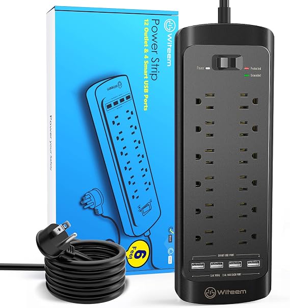 Surge Protector Power Strip - 12 Outlets, 4 USB 3.4A Ports, 6Ft Extension Cord, 1875W/15A, 4360Joules, Wall Mountable, Overload Protection - Ideal for Home & Office Use (Black-3.4A)