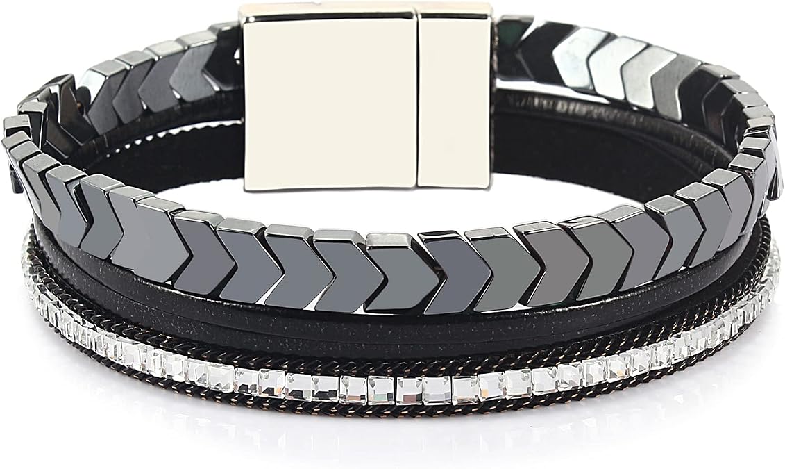 FANCY SHINY Hematite Leather Wrap Bracelets Beaded Healing Stone Cuff Bracelet Rhinestone Boho Jewelry Gift for Women with Clasp
