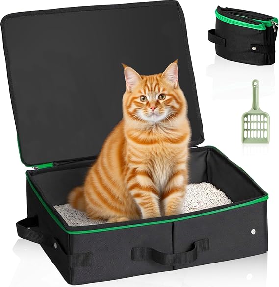 Foldable Cat Litter Tray for Travel, Portable cat litter box with Lid and Scoop Waterproof Collapsible Kitty Carrier for Kittens, Rabbit, Cars, Camping