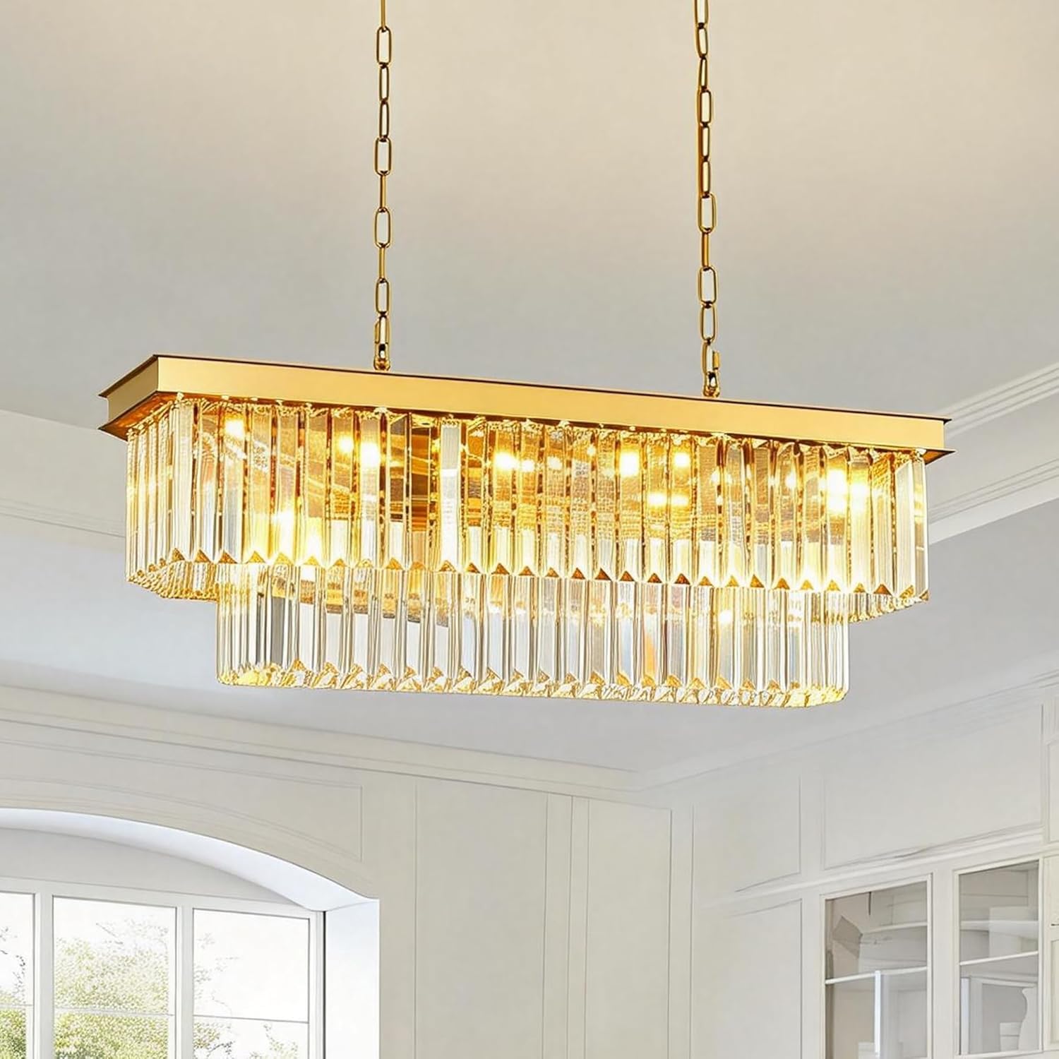 Luxury Gold Crystal Chandelier with 2-Layer K9 Crystals,Adjustable Chain Large Rectangular Gold Pendant Light for Dining Room, Staircase, Bedroom, Gold Lighting Fixture L80CM [Energy Class F]