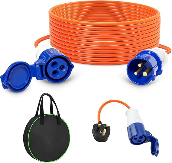 25 m Electric Hook Up Cable - Camping Extension Lead, Waterproof Caravan Lead Power Cable with Carrying Bag, 13A Plug to 16A 3 Pin Socket Converter for Motorhome and Campervan
