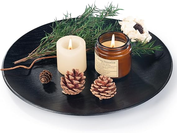 Wood Serving Tray: Black Decorative Tray for Home Decor | 11.5" Small Serving Platter - Round Charcuterie Board for Party, Wedding, Housewarming - Modern Coffee Table Tray