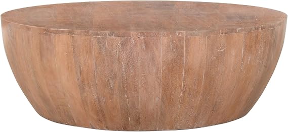 TUP THE URBAN PORT Arthur Drum Shape Wooden 35.5 Inch Coffee Table, Plank Design Base, Distressed Brown Finish, Rustic Accent Table