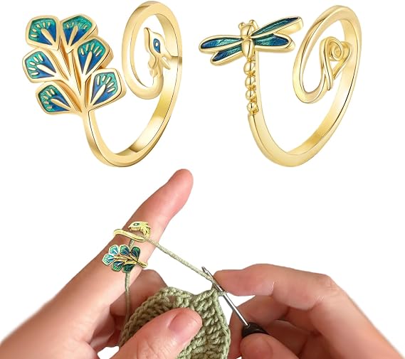 LAYASIMON 2PCS (Peacock&Dragonfly) Crochet Tension Tools-Yarn Finger Holder for Women., Adjustable Crochet Aid Thread Loop Guide Finger Holder,Yarn Finger Holder, Knitting Aid.Colorful Enamel (Gold)