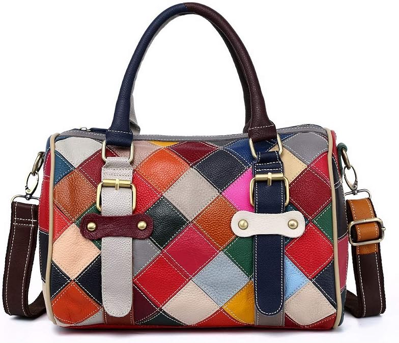 Women Multicolor Boston Tote Bag Genuine Leather Colorful Handbag Purse Hobo bag