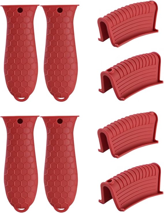 8 Pieces Silicone Hot Tool Holder Heat Resistant Potholder Cookware Handle Non Slip Rubber Pot Holders Handles Grip Covers for Cast Iron Skillet Silicone Cooking Kitchen Suits (Red)
