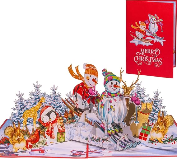 3D Christmas Card - Handmade Pop Up Card with Christmas Motif - Greeting Card with Envelope - Gift Idea for Christmas Snowman & Ski (N464)