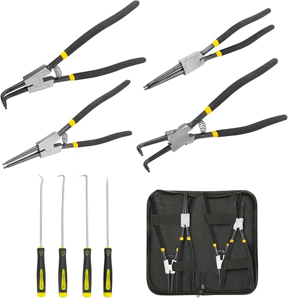 8 Pcs Extra Long Snap Ring Pliers with Hook Set, 13 inch Circlip Pliers Heavy Duty, Internal External C Clip Tool Straight Bent Jaws Retaining Ring Remover