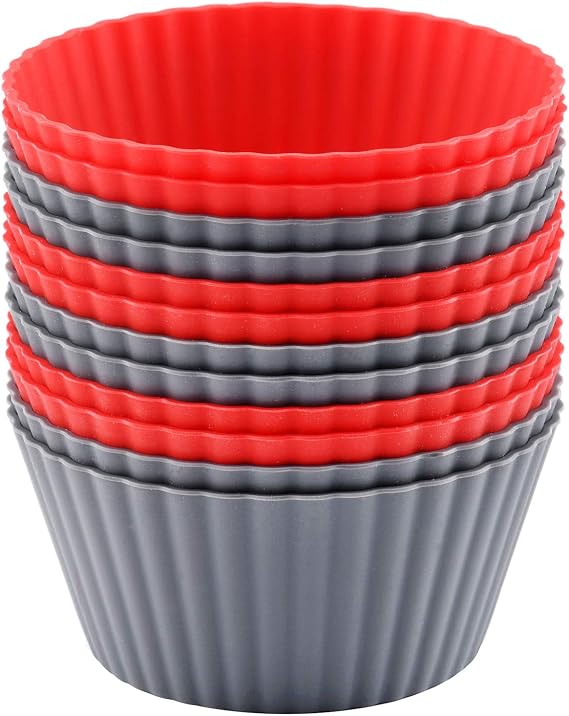 12 Pack Reusable Nonstick Jumbo Silicone Baking Cups, Cupcake and Muffin Liners, 3.8 Inch Large Size, Red and Gray Colors, Round