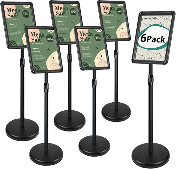 Mutalsign 6Pack A4 Sign Holder, Height Adjustable with Snap Frame, Floor Standing Aluminium Menu/Notice Stand for Advertising/Displaying (Black-6Pack)
