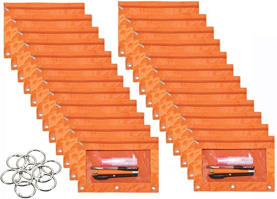 24 Packs 3 Ring Binder Pen Pencil Case Pouch Stationery Bag for School Class Office Orange