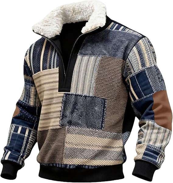 HJINGSUN Quarter Zip Pullover Men Vintage Plaid Print Fleece Stand Collar Sweatshirts Winter Long Sleeve Top Sport Clothes