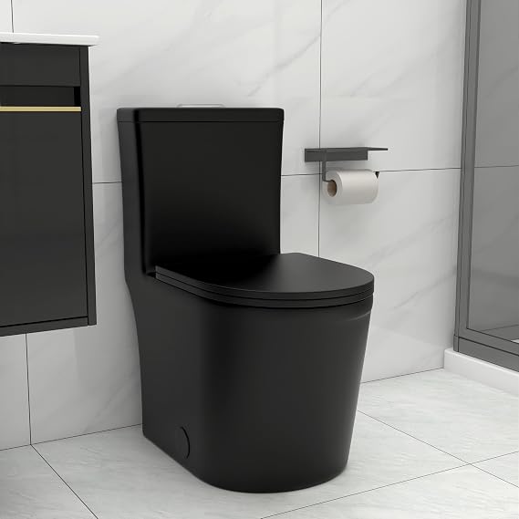 12"Rough-in One Piece Compact Toilet 22.8" Depth Modern Short Design Dual Flush for Small Tiny Mini Bathroom,Ceramic Matte Black.