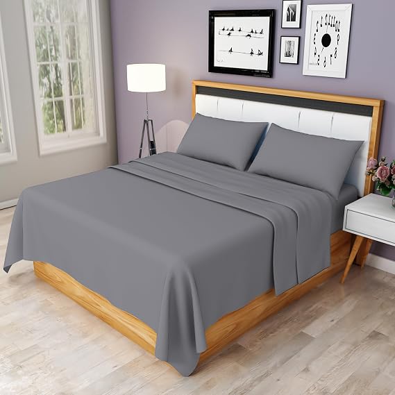 Grey King Bed Sheet Set - Easy Care 4 Pieces Poly Cotton Sheet Set King Size (Flat Sheet + Fitted Sheet + 2 Pillowcases) - Soft Wrinkle Resistant Bedding Set