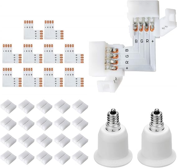 JACKYLED 10-Pack L Shape 4-Pin LED Connectors with 22pcs Clips, and 2-Pack E12 to E26 Adapters
