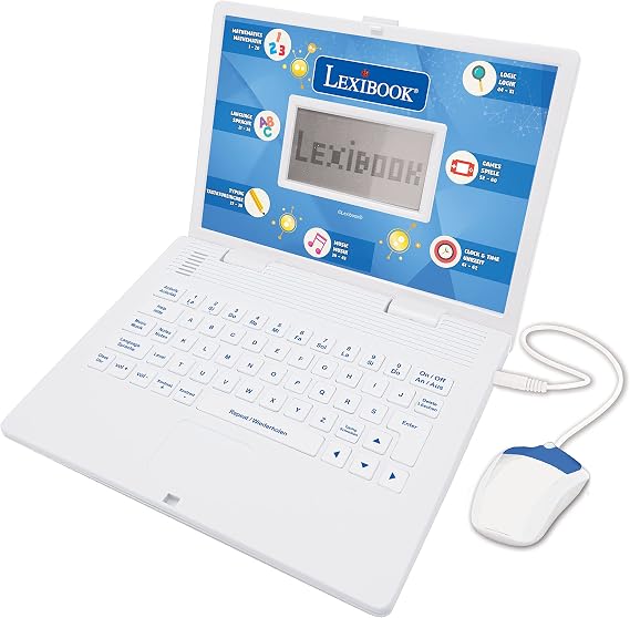 LEXIBOOK JC598i3 Educational and Bilingual Laptop German/English-Toy with 124 Activities to Learn, Play Games and Music-Blue/White