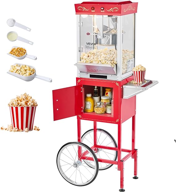 VEVOR Popcorn Machine with Cart, 8oz Stainless Steel Kettle, 800W Commercial Popcorn Maker, 48 Cups per Batch Theater Style Popper, with 2-Button Control Glass Wall PC Door 1 Scoop 3 Spoons, Red