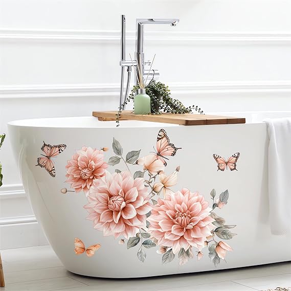 Light Pink Dahlia Butterfly Wall Stickers Floral Wall Art Decals