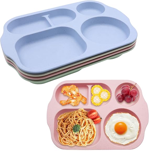 CATELL 4 Pcs Unbreakable Divided Dinner Plates for Kids Adults Divided Dinner Plates Kids Plates with 5 Compartments Microwave and Dishwasher Safe for