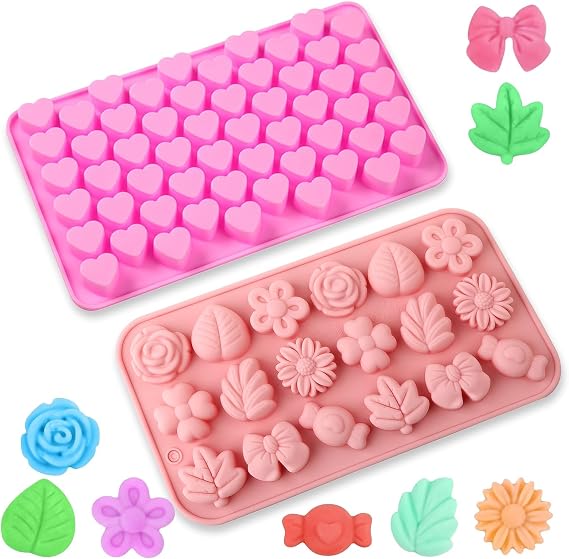 2 Pack Silicone Chocolate Moulds, Mini Heart, Flower, Bow and Leaf Shapes
