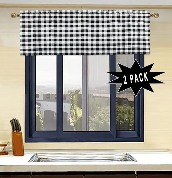 Buffalo Black and White Check Kitchen Window Valance 2 Pack Half Short Gingham Plaid Farmhouse Textured Curtain 18x52 Inch Rod Pocket