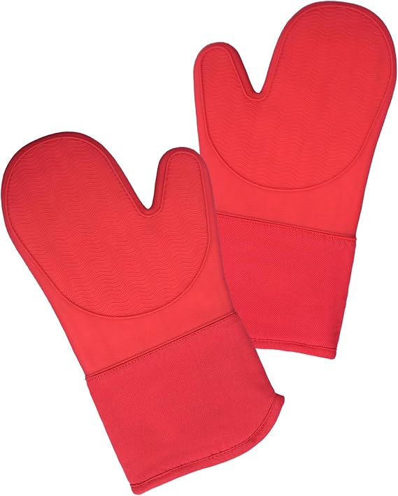 Signature Silicone Oven Mitts Set of 2, Heat Resistant Oven Gloves with Quilted Liner Non-Slip Textured Grip Perfect for BBQ, Baking and Grilling. (RED)