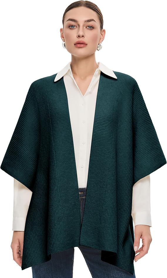 PULI Women's Open Front Chunky Shawl Wrap Rib Knit Poncho Cape Winter