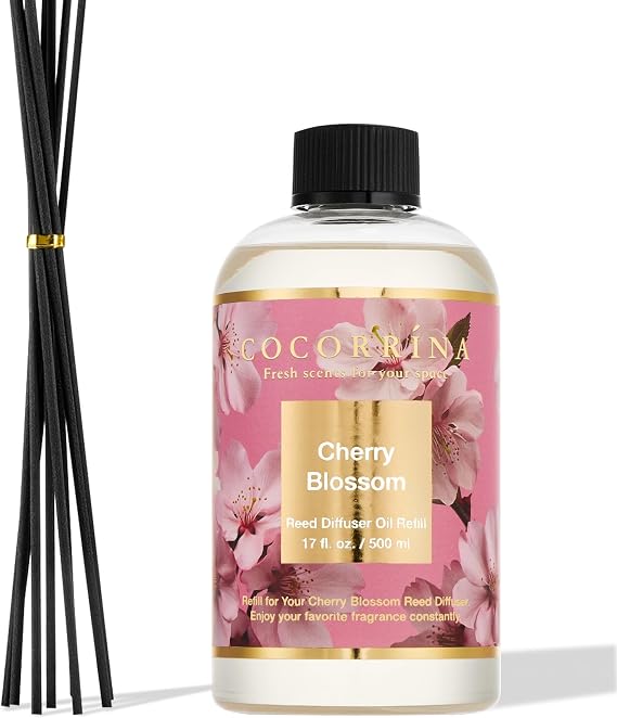 Cocorrina Reed Diffuser Refill Cherry Blossom 17oz (500ml) with 8 Sticks - Premium Long-Lasting Scented Oil, Home Fragrance for Bedroom, Bathroom Home Decor