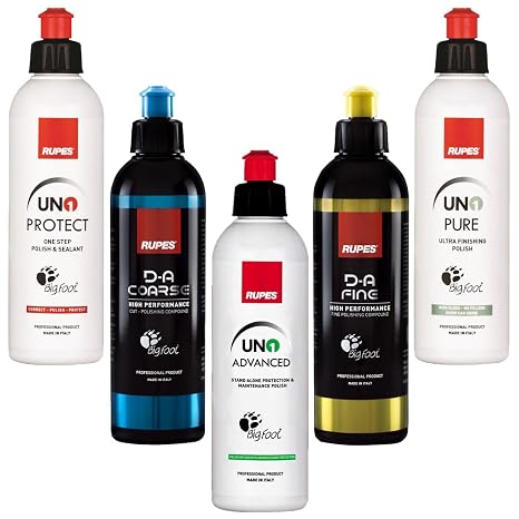 RUPES 5 Pack High Performance Orbital Polishing Compounds - Includes 250ml Bottles of D-A Coarse, D-A Fine, Protect, Pure, and Advanced