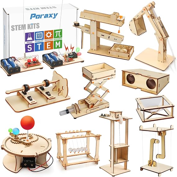 Poraxy 11 Sets STEM Projects for Kids Ages 8-13, Stem Kits for Kids Ages 5-7, Electronic Science Kits 3D Puzzles for Ages 8-13, Wood Crafts Birthday Gifts for 7 8 9 10 11 12 13 Year Old Boys Girls