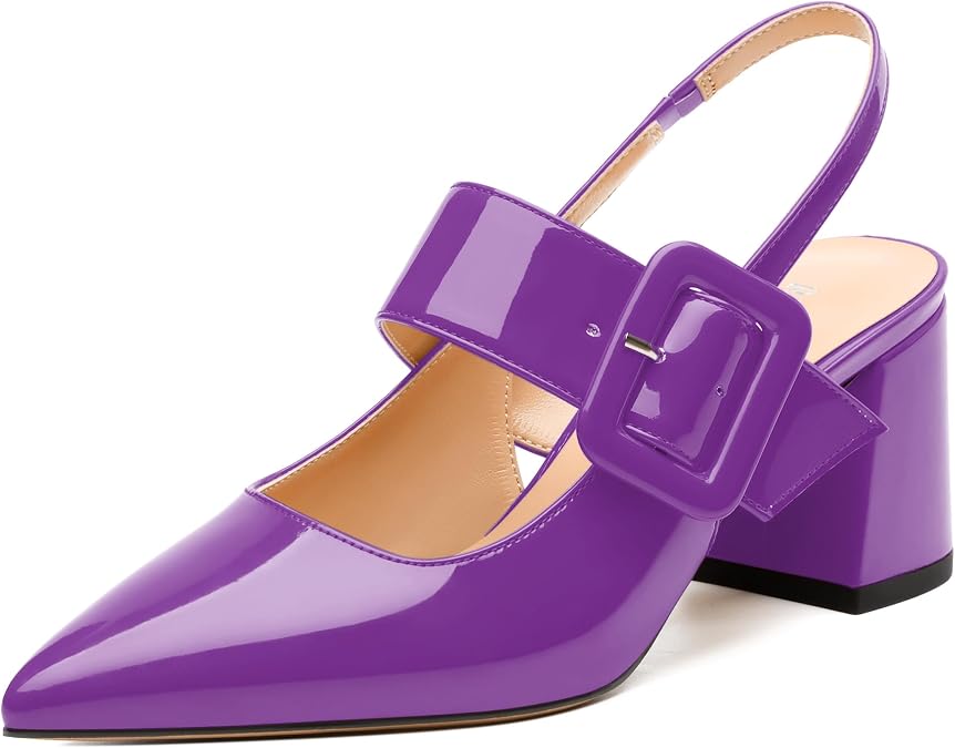 Women's Pointed Toe Pumps - 2.55" Chunky Mid Heel Slingback with Adjustable Buckle, Solid Color Dress Shoes for Work, Dates & Balls