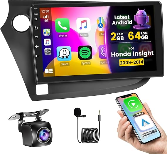 Car Radio for Honda Insight 2009 2010 2011 2012 2013 2014: [2G+64G] 9 inch Car Stereo with Wireless Carplay Android Auto, Touch Screen Upgrade for Insight with GPS Bluetooth WiFi SWC FM RDS DSP 26UI
