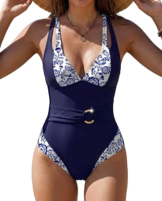 SHESHOW One Piece Swimsuit Women Tummy Control Tropical Floral Color Block Ring Linked Swimwear Bathing Suit