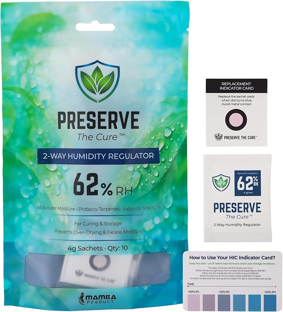 Preserve The Cure 4g Humidity Control Packs for Storage Containers, 62% RH | 10pc, up to 14g / 0.5oz, 2-way moisture control, freshness indicator, protects texture, reduces drying, sealed pouch