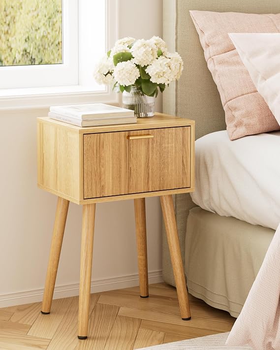 Bedside Table, Side Table with Drawer and Long Wooden Leg, Oak
