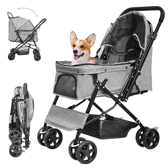 Pet Stroller with Reversible Handle for Dogs, Up to 44 lb, Gray | Foldable with 2 Safety Tethers, Bottom Storage Basket, 5.5-Inch Swivel Front Wheels, Rear Brakes, Mesh Canopy and Dual Entry