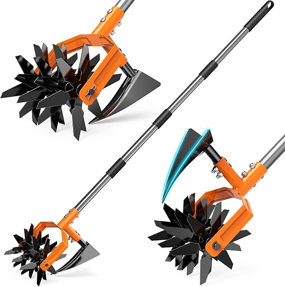 GINMIC Hand Tiller Garden Cultivator, Garden Tiller with Upgrated Triangle Hoe and Adjustable Long Handle, 2-in-1 Weeder & Soil Aerator for Lawn Care, Cultivate, Plant, Reseed, Gardening Hand Tools