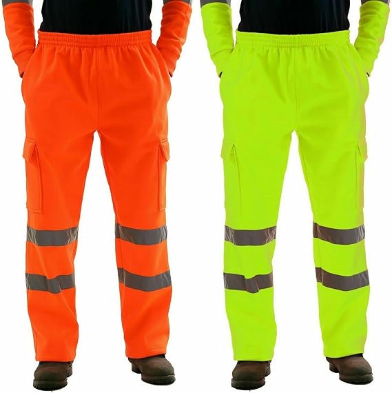 Men's High Visibility Cargo Pants Safety Work Trousers Stain Resistance with Multiple Pockets Reflective Strips Yellow Green