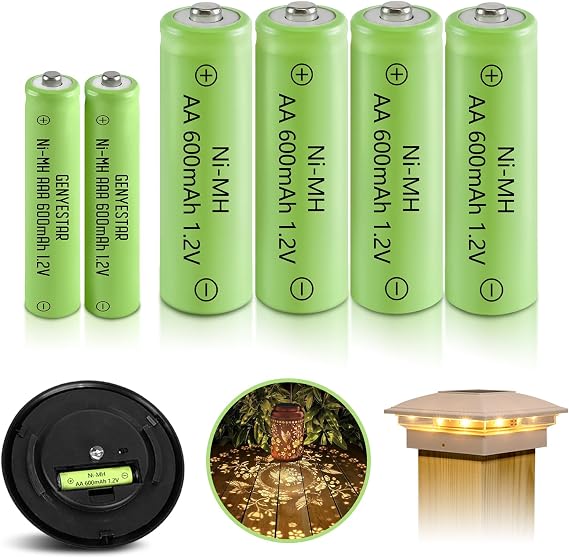 Rechargeable AA AAA Battery Combo,High Capacit 4PCS 600mAh AA and 2PCS AAA 600mAh NiMH 1.2V Solar Lights Replacement Batteries for Solar Lantern Light Lamp Toys, 6 Pack