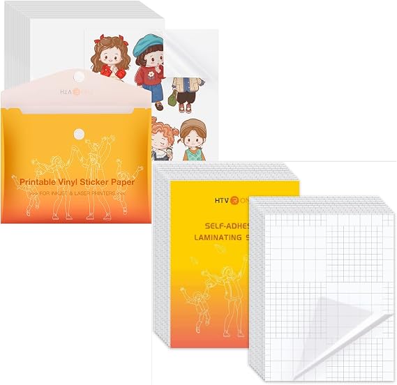 HTVRONT 50 Sheets Self Laminating Sheets + 100 Sheets Glossy Printable Vinyl Sticker Paper