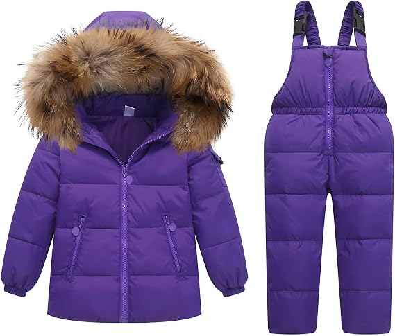 JiAmy Kids 2 Piece Snowsuit Set Girl Winter Hooded Puffer Jacket & Snow Bib Pants Boy Ski Suits(1-12Y)