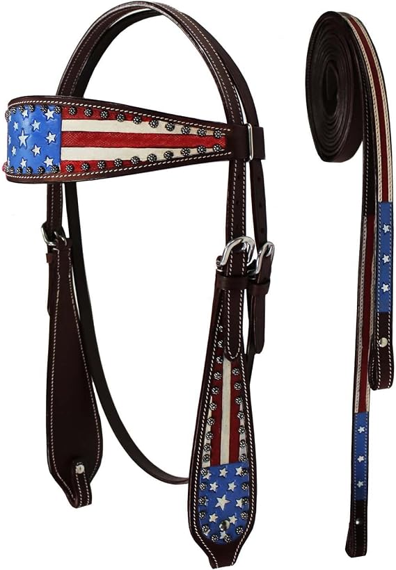 Tahoe Tack Patriotic Hand Painted American Flag Western Browband Headstall with Matching Reins