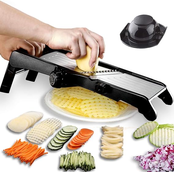Mandoline Slicer Adjustable Thickness Vegetable Mandolin, Fruit Potato Slicer, French Fries Cutter, Food Waffle,Julienne Grater Sharp Stainless Steel Blades(black)